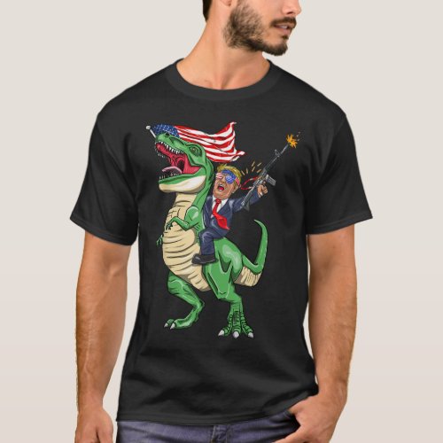 Machine Gun Trump On Rex Dinosaur With American Fl T_Shirt