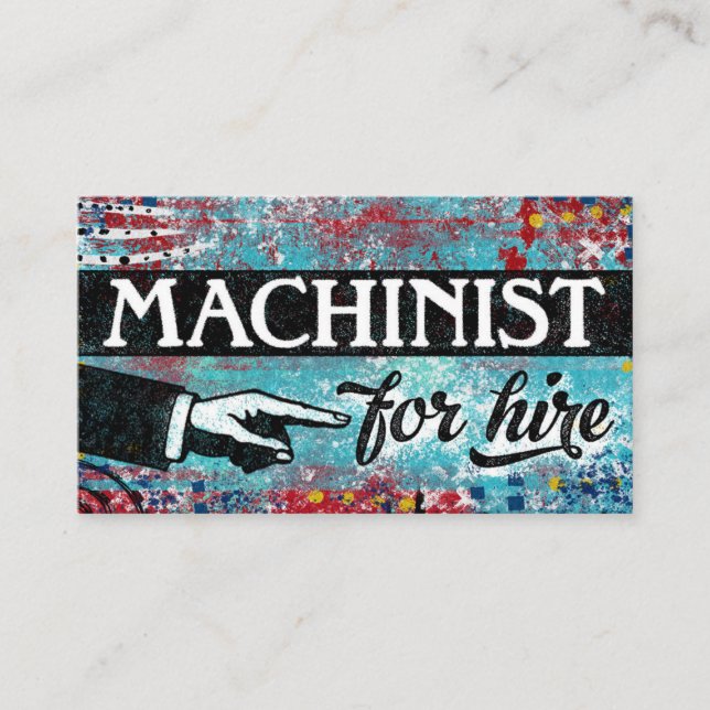 Machinist For Hire Business Cards - Blue Red (Front)