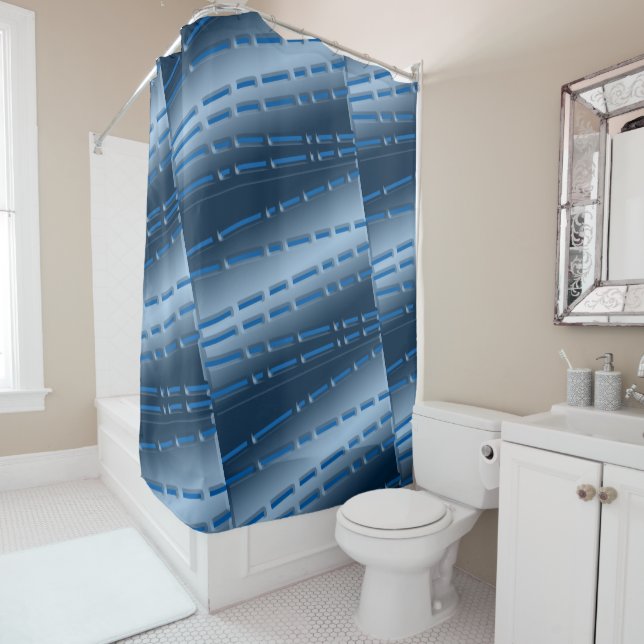 Macho Pierced Metal Plate Effect on Blue Shower Curtain (In Situ)