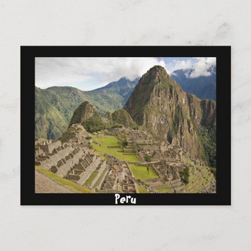 Machu Picchu inca city in Peru black postcard