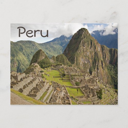 Machu Picchu inca city in Peru text postcard