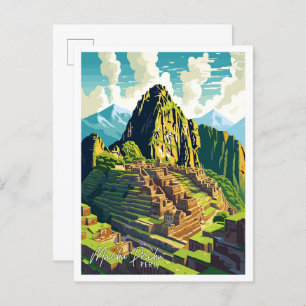 Machu Picchu Peru Art vintage travel illustration Postcard