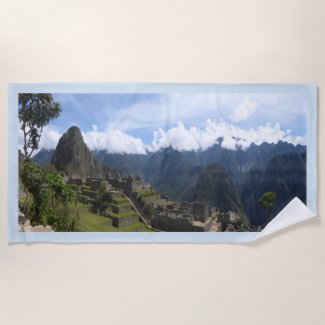 Machu Picchu Peru, blue border Beach Towel