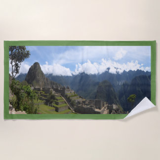 Machu Picchu Peru, green border Beach Towel