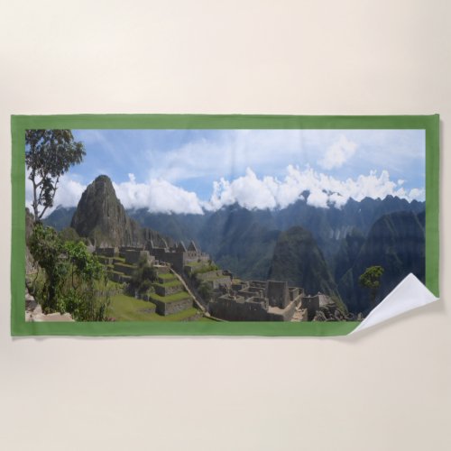 Machu Picchu Peru green border Beach Towel