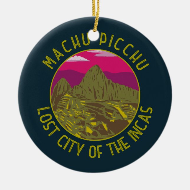Machu Picchu Peru Retro Distressed Circle Ceramic Ornament (Front)