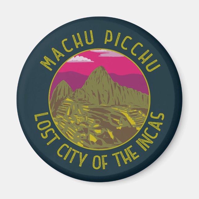 Machu Picchu Peru Retro Distressed Circle Magnet (Front)