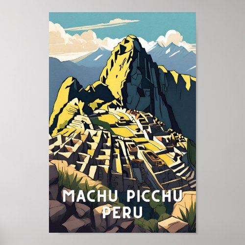 Machu picchu peru vintage travel peak latin retro poster