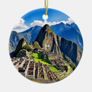 Machu Picchu Peru Watercolor Ceramic Ornament