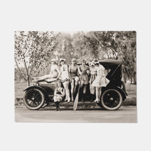 Mack Sennett Girls Posing on Vintage Automobile Doormat