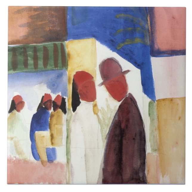 Macke - On the Street, watercolor painting,  Ceramic Tile (Front)