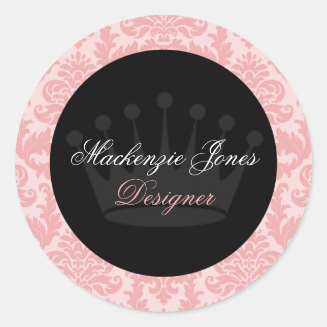 Mackenzie Pink & Black Damask Chic Round Sticker (Front)