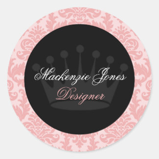 Mackenzie Pink & Black Damask Chic Round Sticker