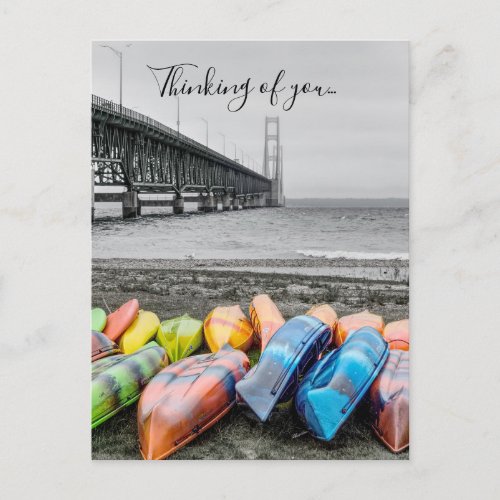 Mackinac Bridge and Canoes Select Color Thinking Postcard