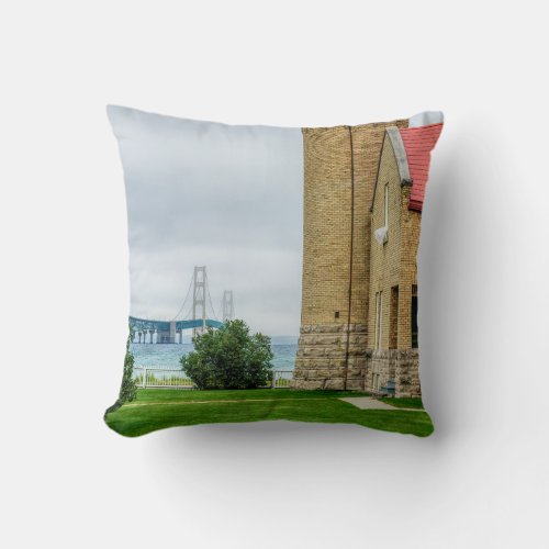 Mackinac Bridge and Lighthouse Throw Pillow