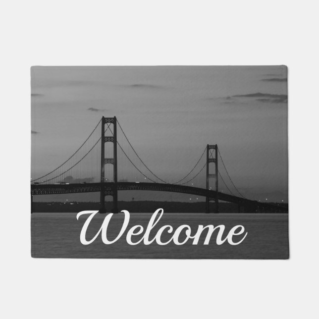Mackinac Bridge At Dusk Grayscale Welcome Doormat (Front)
