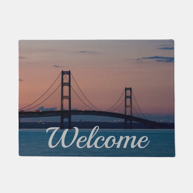 Mackinac Bridge At Dusk Welcome Doormat (Front)