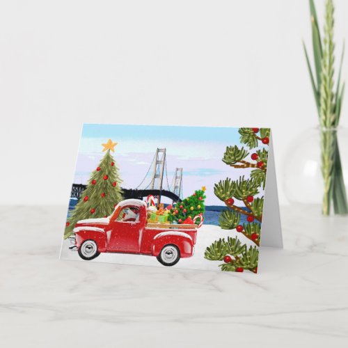 Mackinac Bridge Christmas Card Vintage Truck