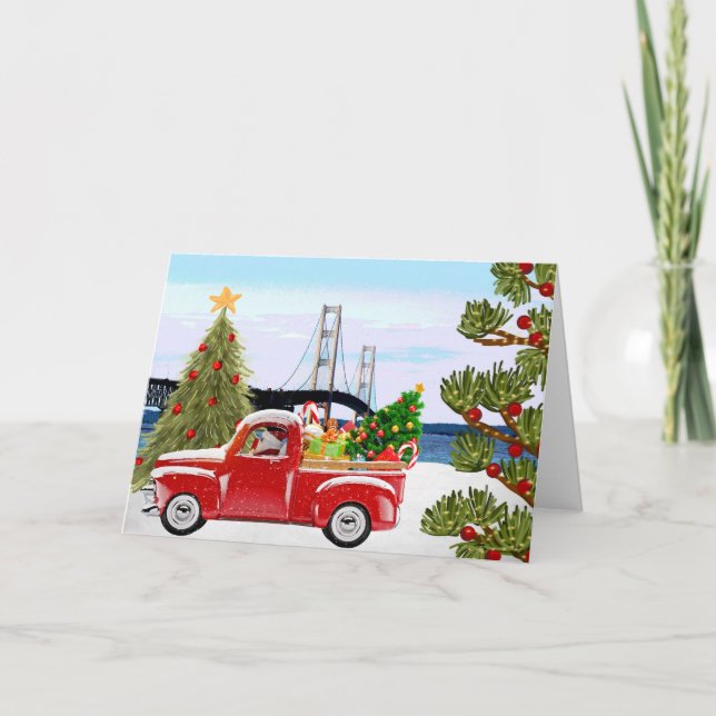 Mackinac Bridge Christmas Card Vintage Truck (Front)
