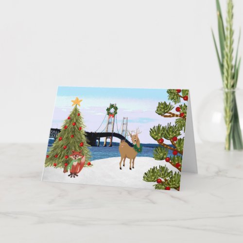 Mackinac Bridge Christmas Card with Fox