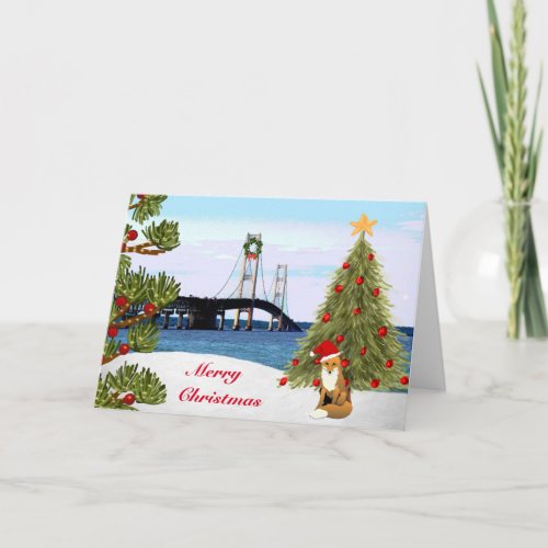 Mackinac Bridge Christmas Card with Fox