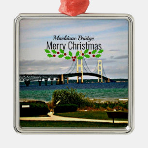 Mackinac Bridge, Merry Christmas, Metal Ornament