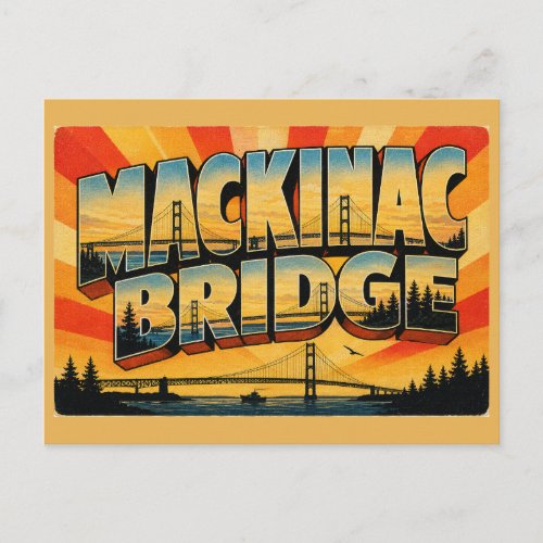 Mackinac Bridge MI Vintage Travel Art Postcard