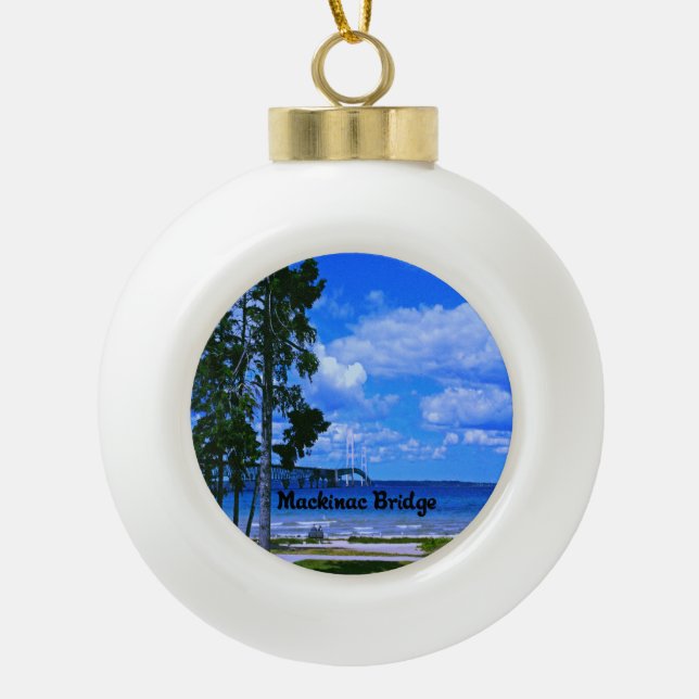 Mackinac Bridge Michigan Ceramic Ball Christmas Ornament (Front)