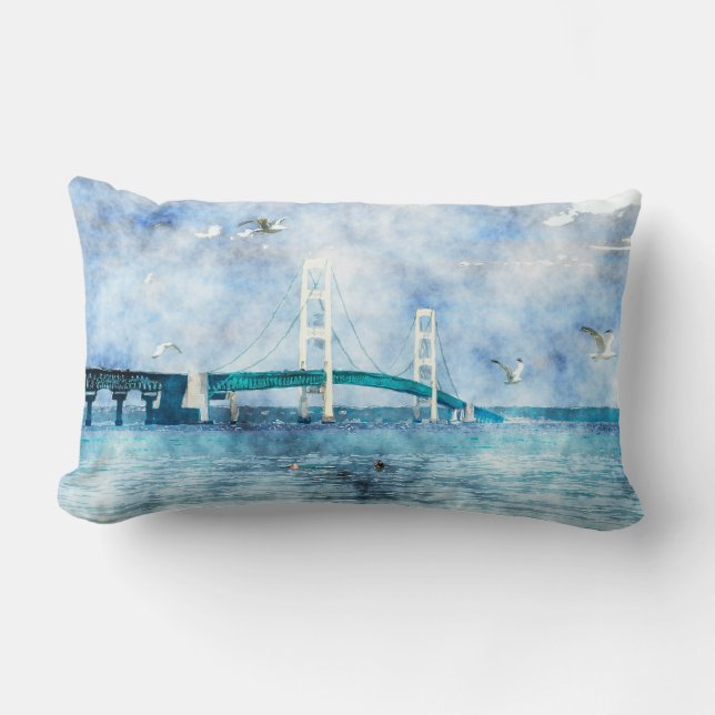Mackinac Bridge Scenic Watercolor Art Lumbar Pillow (Front)