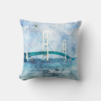 Mackinac Bridge Scenic Watercolor Art Throw Pillow