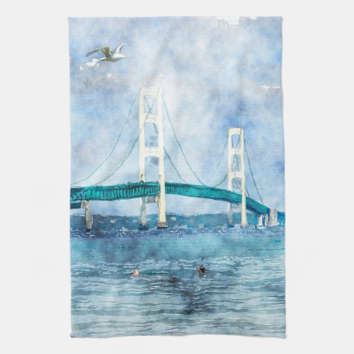 Mackinac Bridge Scenic Watercolor Art Towel