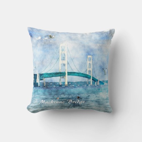 Mackinac Bridge Watercolor Artwork Canvas Throw Pillow