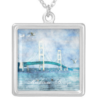 Mackinac Bridge Watercolor Square Necklace