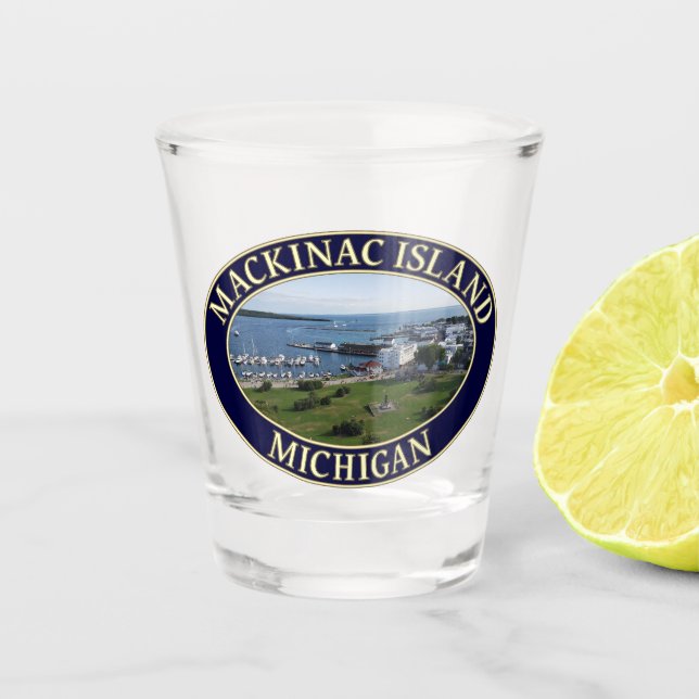 Mackinac Island Harbor & Lake Huron in Michigan Shot Glass (Front)