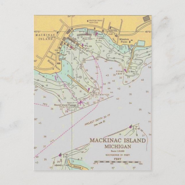 Mackinac Island harbor nautical chart post card (Front)