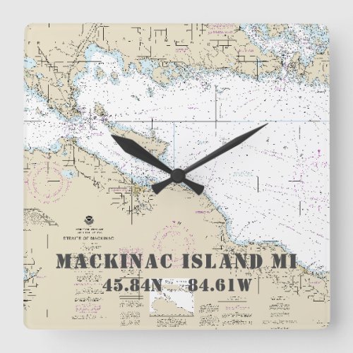 Mackinac Island Latitude Longitude Nautical Chart Square Wall Clock