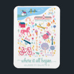 Mackinac Island Michigan Map Custom Coordinates  Magnet<br><div class="desc">A cute hand illustrated design featuring prominent places and events on Mackinac Island Michigan. Perfect for couples who met in or were married on the island.</div>