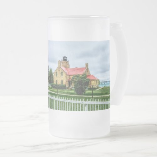 Mackinac Light and Bridge Frosted Glass Beer Mug