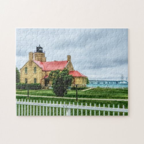 Mackinac Light and Bridge Jigsaw Puzzle