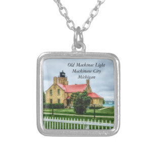 Mackinac Light and Bridge Silver Plated Necklace