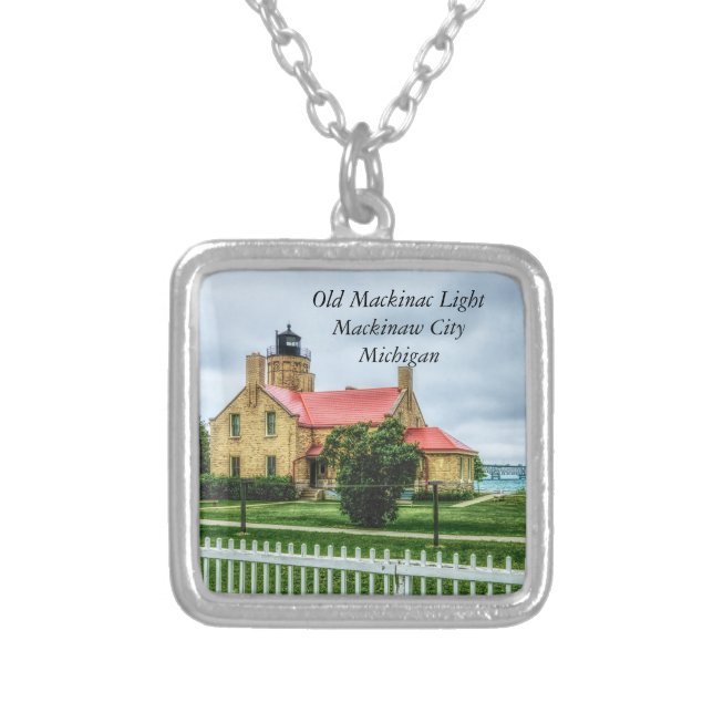 Mackinac Light and Bridge Silver Plated Necklace (Front)