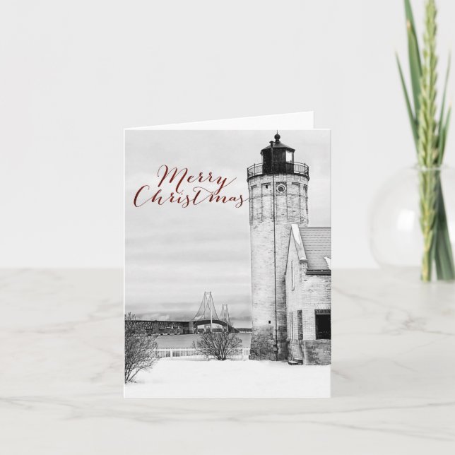 Mackinac Mackinaw Bridge Lighthouse Christmas Holiday Card (Front)