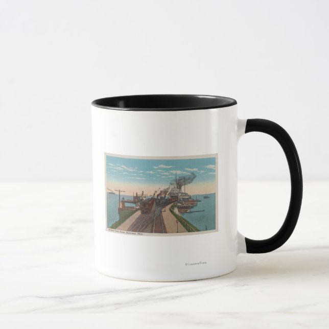 Mackinaw City, MI - View of Railway Ferry Docks Mug (Right)