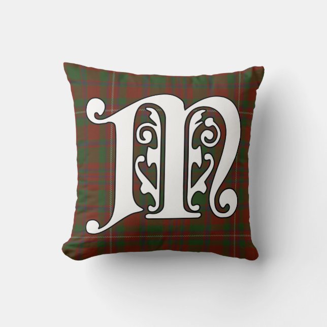 MacKinnon Clan Tartan Monogram Throw Pillow (Front)