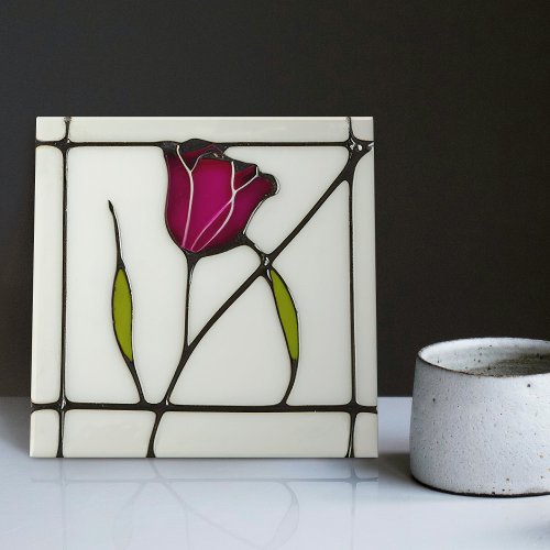 Mackintosh Art Deco Abstract Red Rose Floral Ceramic Tile