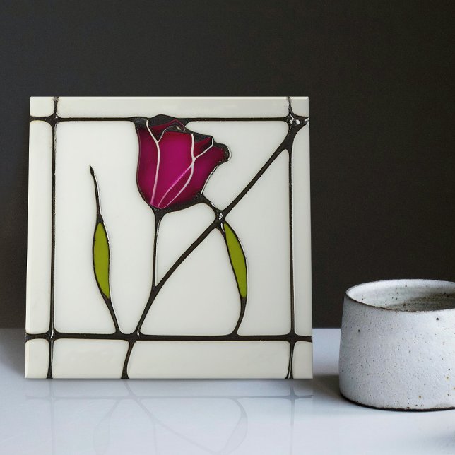 Mackintosh Art Deco Abstract Red Rose Floral Ceramic Tile (Creator Uploaded)