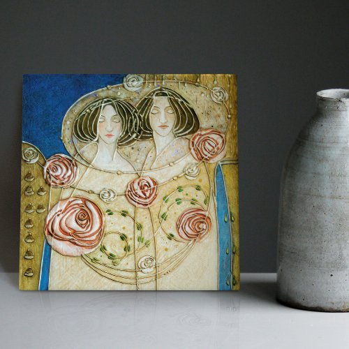Mackintosh Art Deco Women and Roses Wall Decor Ceramic Tile