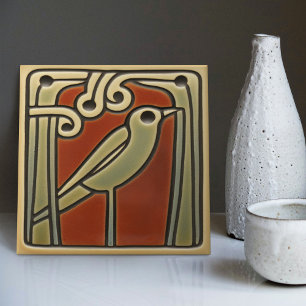 Mackintosh Bird Green Red Wall Decor Ceramic Tile