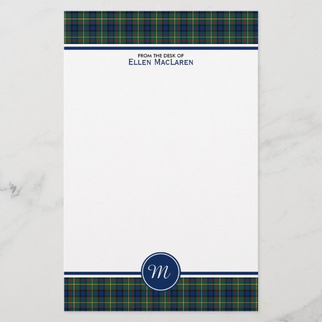 MacLaren Clan Tartan Blue and Green Plaid Monogram Stationery (Front)