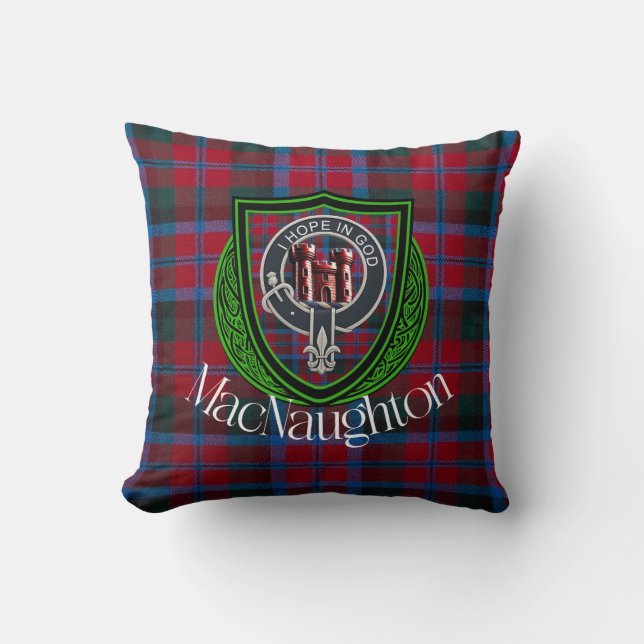 MacNaughton Scottish Clan Tartan & Crest Throw Pillow (Front)